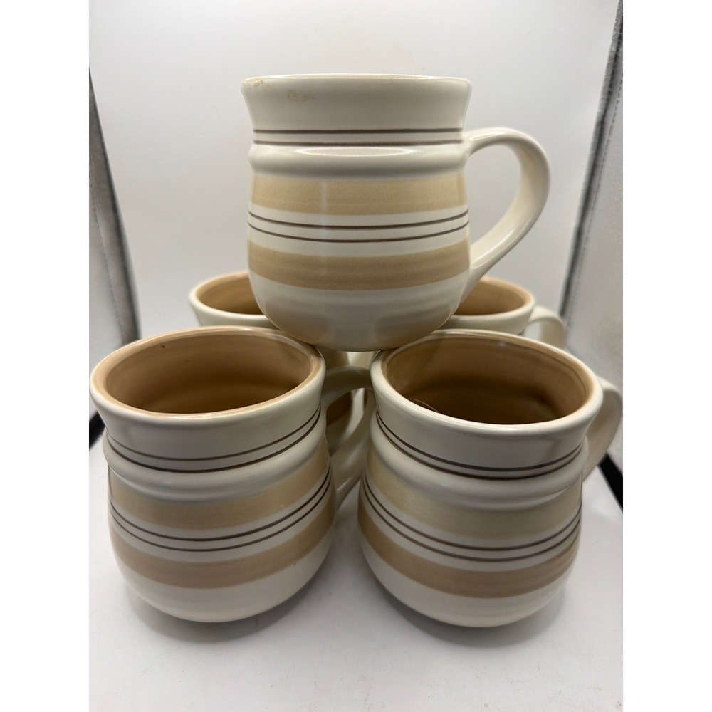 5 Pfaltzgraff Latte Mugs Hand Painted Beige Brown Stoneware Nice!